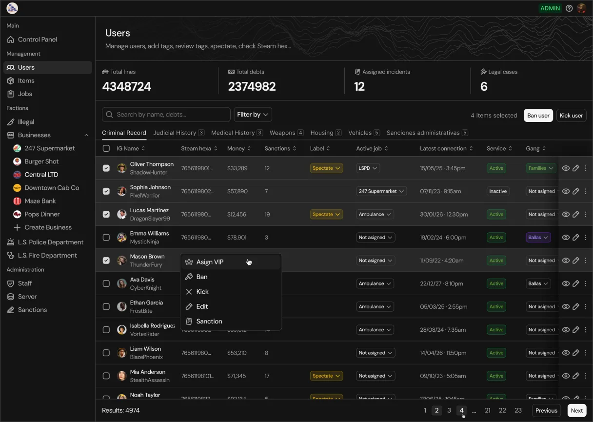The Admin Tablet interface