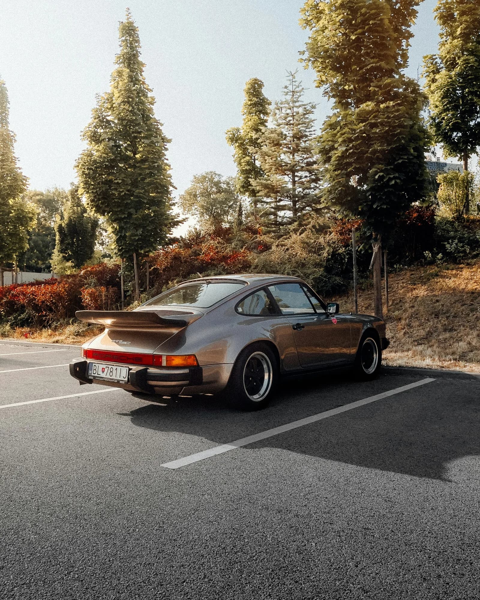 A classic sports car parked on a forest road