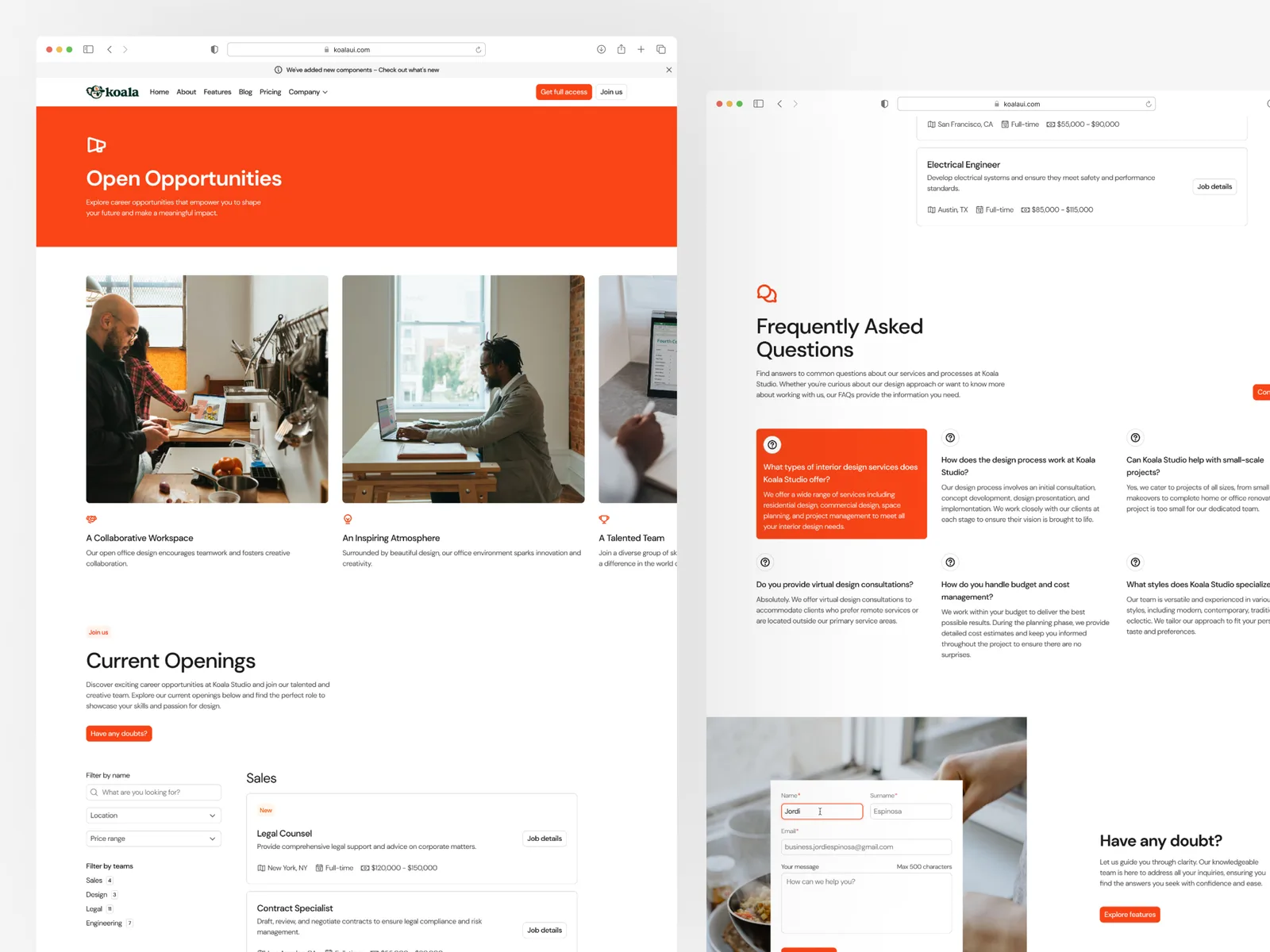A careers page and an FAQ page built with Koala UI, side by side in two browser windows