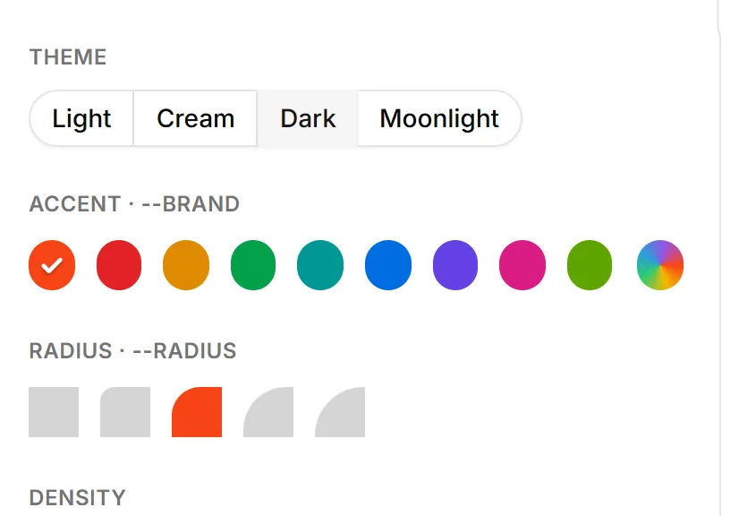 The theme playground's controls: theme, accent, radius and density