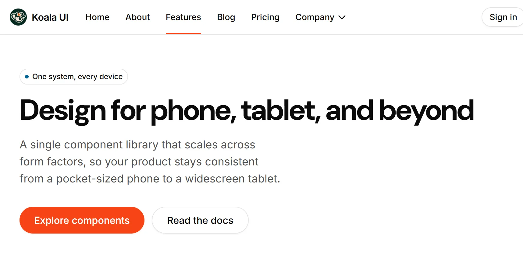 A landing page built from Koala UI sections: a navbar over a headline, a lede and two calls to action
