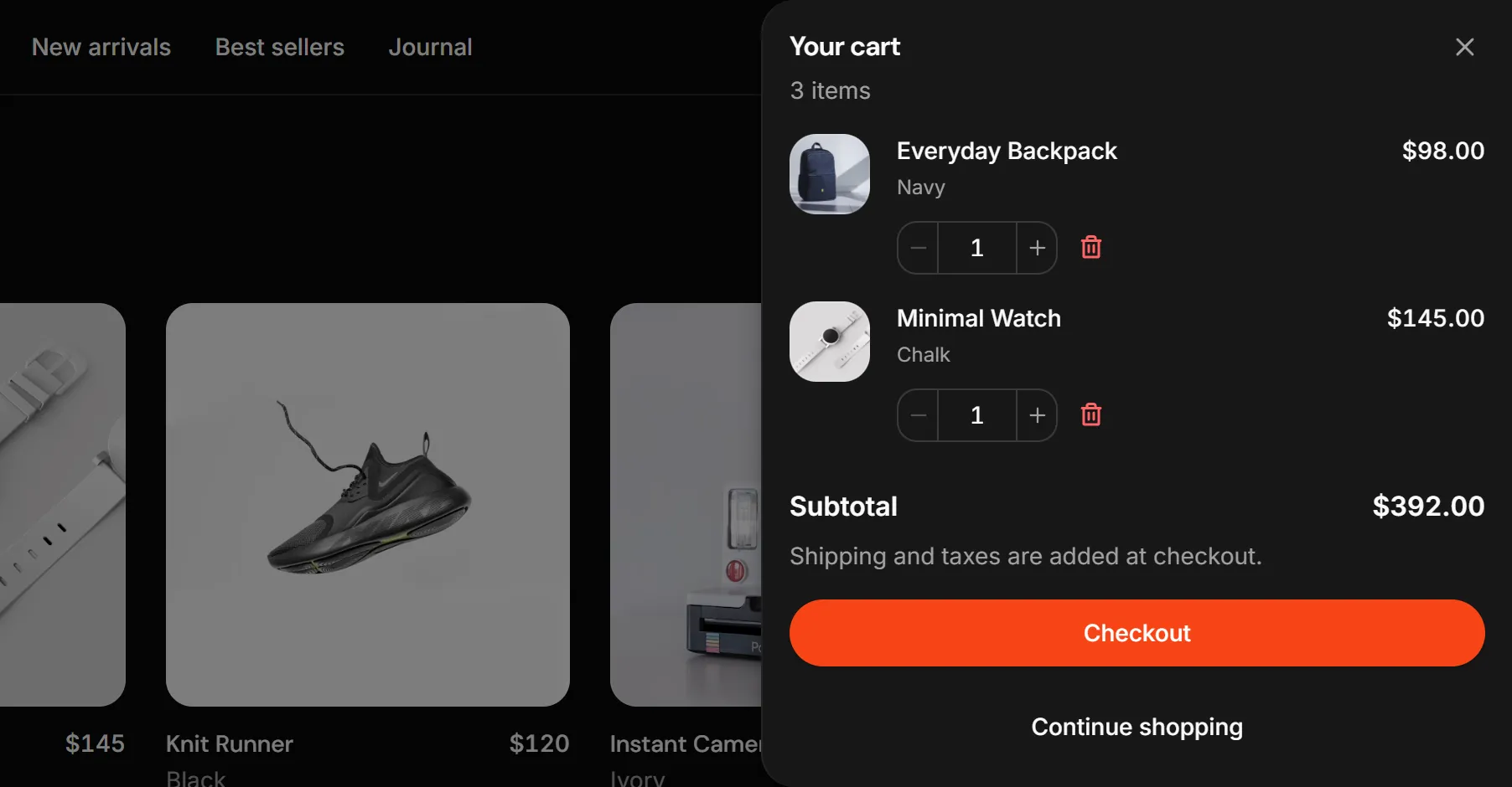 A slide-over cart open over the storefront: line items with quantity steppers, the subtotal, and Checkout