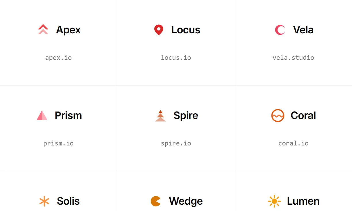 Placeholder brand logos from the Koala UI library: Apex, Locus, Vela, Prism, Spire and Coral