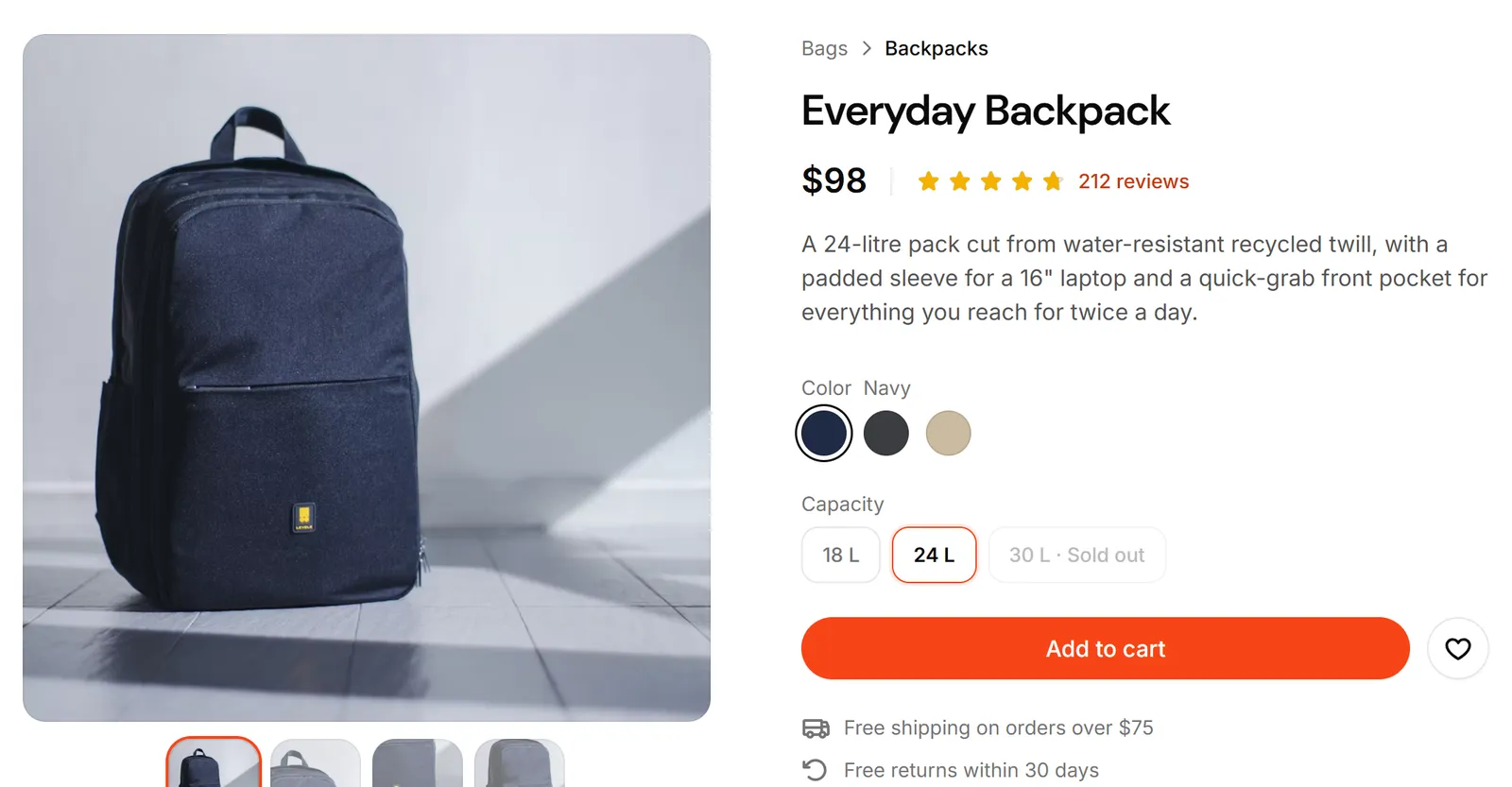 A product page built from Koala UI: the photo gallery, price and rating, color and capacity pickers, and Add to cart