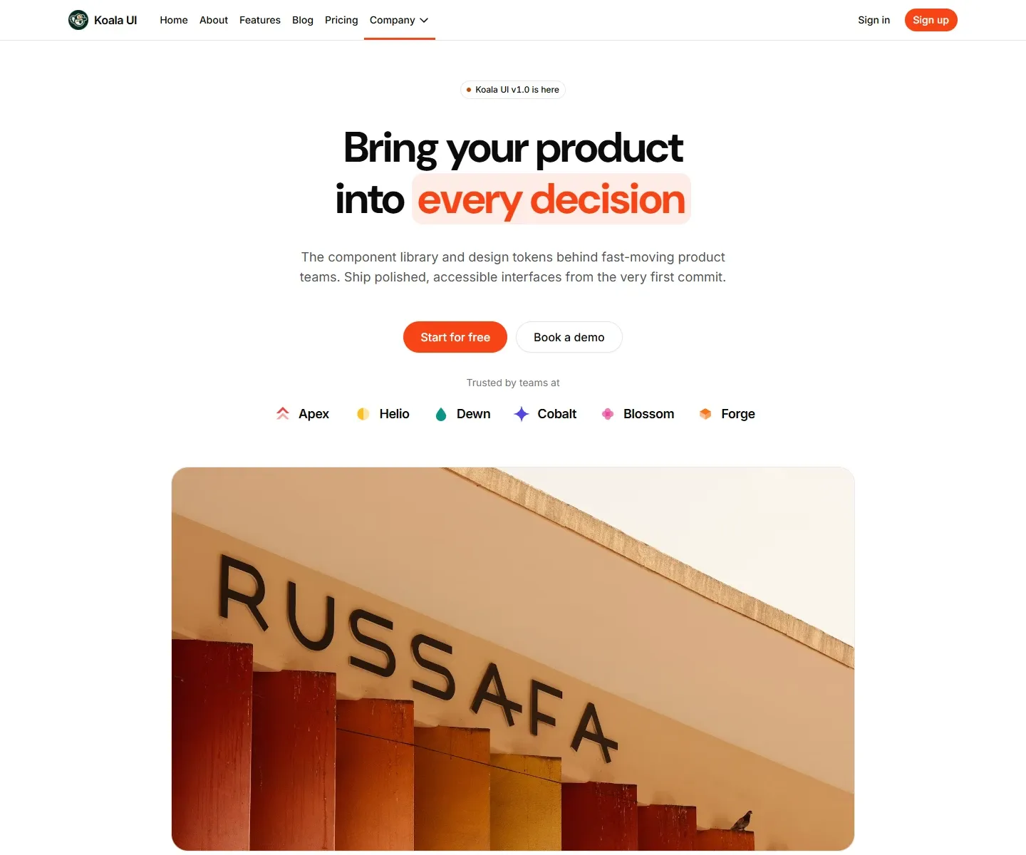 Home page concept built from Koala UI sections, in the Light theme with a orange accent