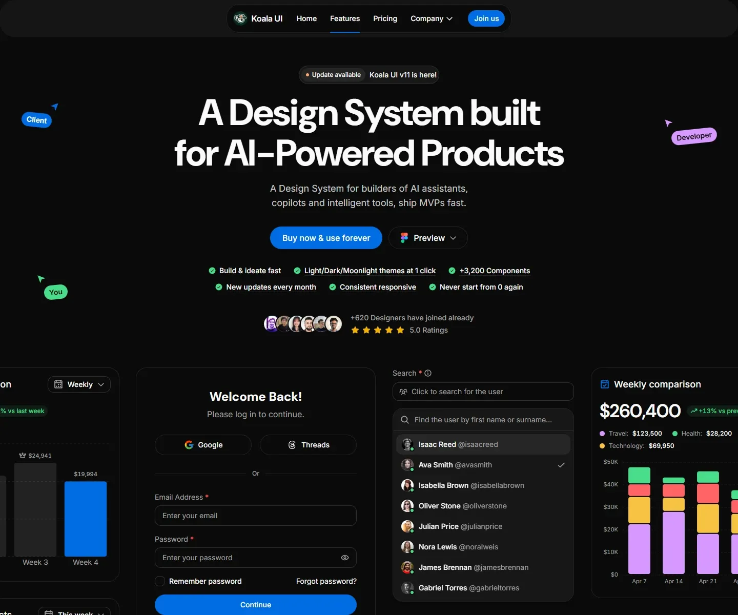 Home page concept built from Koala UI sections, in the Dark theme with a blue accent