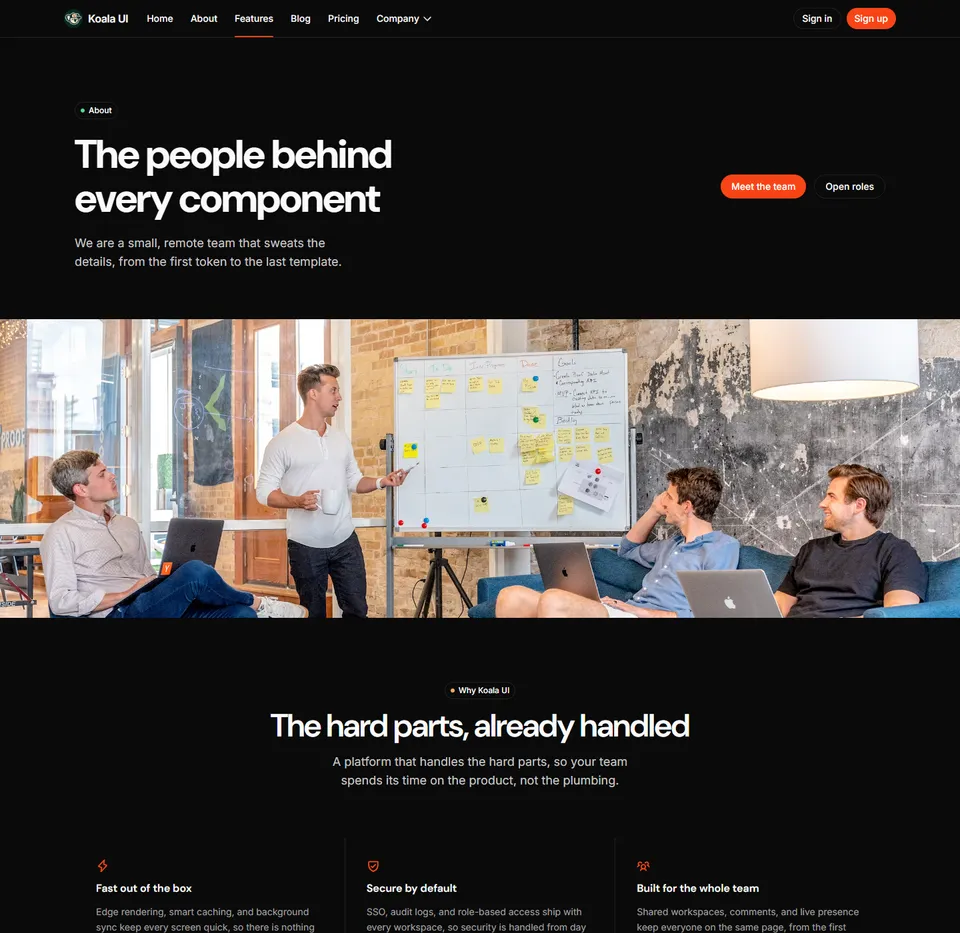 An about page led by a photo of the team at work