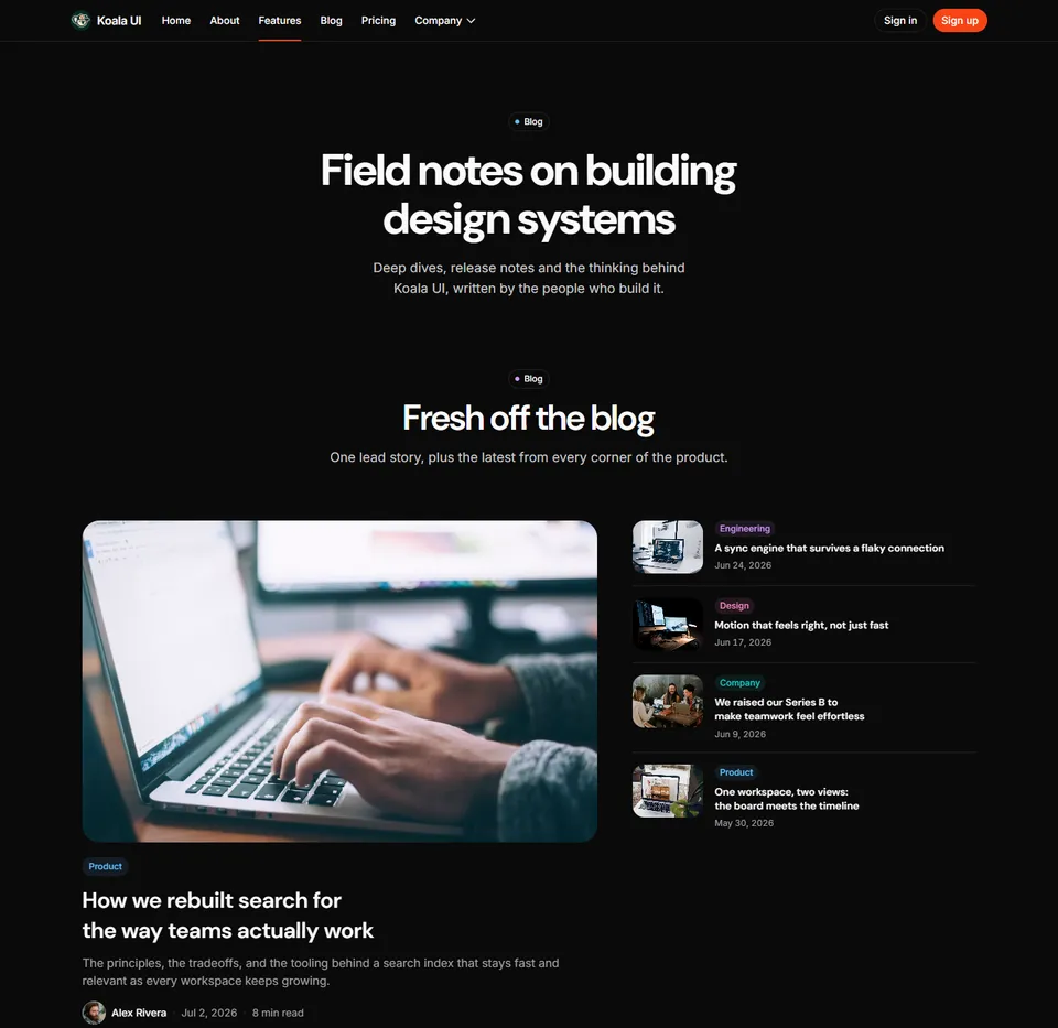 A blog index: a lead story beside the latest posts