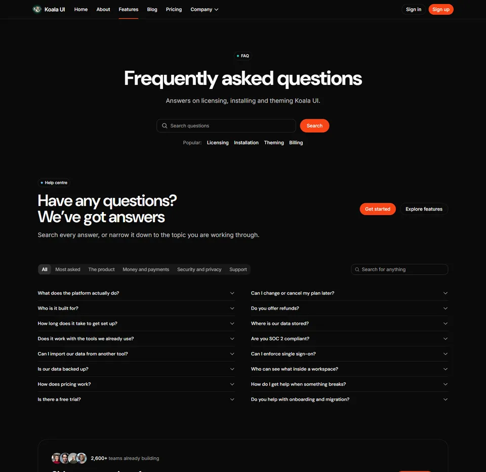 A FAQ page: a search field over the questions, grouped by topic