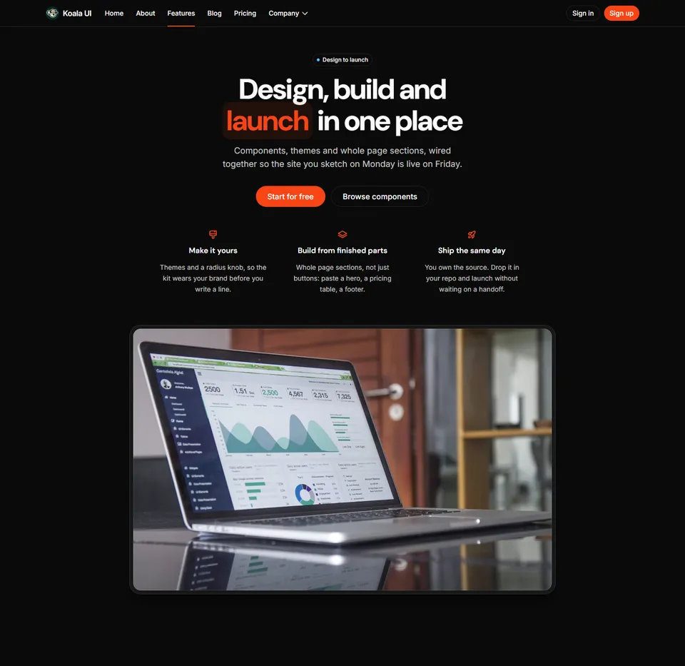 A landing page: a centred hero over a laptop photo